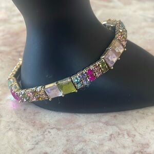 EUC~Woman’s Vintage Multi Colored Square Crystal Gold Plated Stretch Bracelet
